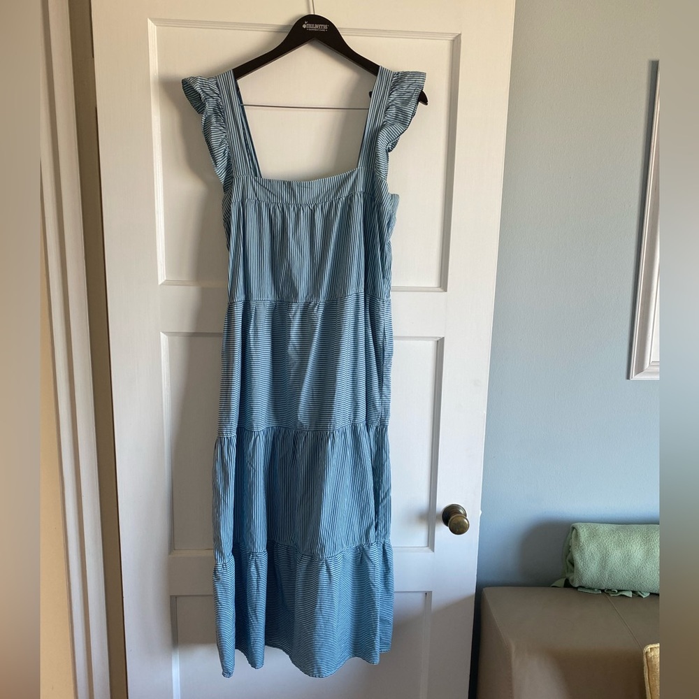Nation LTD Blue Striped Ruffle-Sleeve Midi Dress